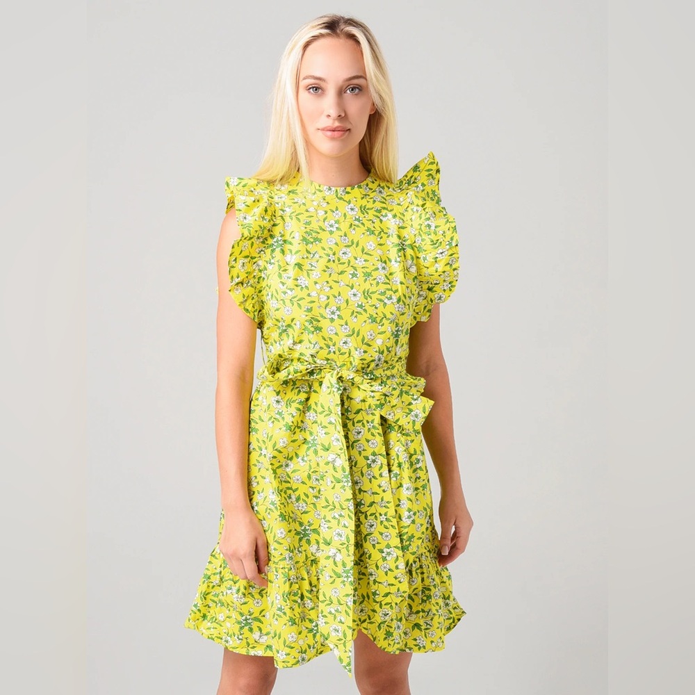 Banjanan Tie Waist Sleeveless Ruffled Floral Mini Dress Yellow Medium M